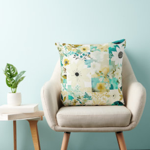 Pretty Folk Art White and Turquoise Flowers Cushion