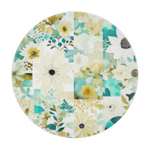 Pretty Folk Art White and Turquoise Flowers   Cutting Board