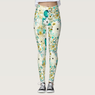 Pretty Folk Art White and Turquoise Flowers Leggings