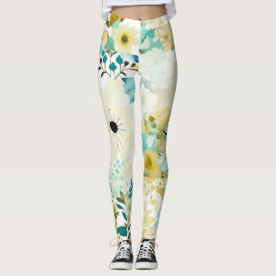 Pretty Folk Art White and Turquoise Flowers Leggings