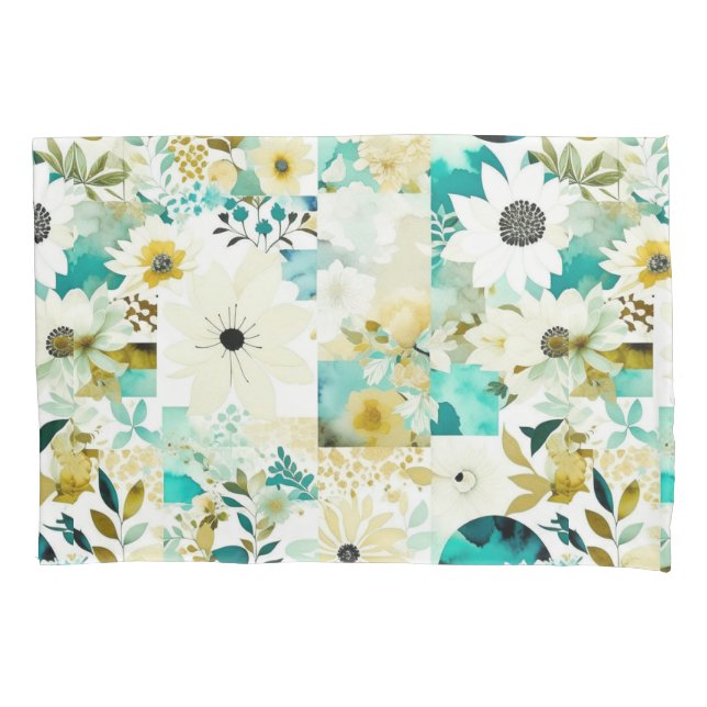 Pretty Folk Art White and Turquoise Flowers   Pillowcase (Front)