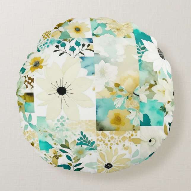 Pretty Folk Art White and Turquoise Flowers   Round Cushion (Front)