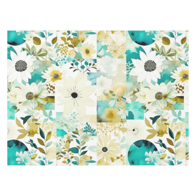 Pretty Folk Art White and Turquoise Flowers   Tablecloth (Front (Horizontal))