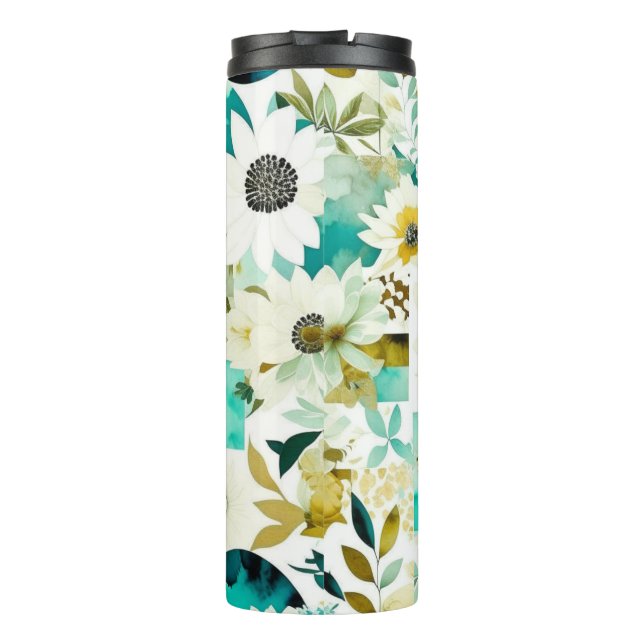 Pretty Folk Art White and Turquoise Flowers   Thermal Tumbler (Back)