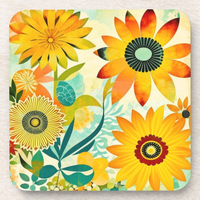 Pretty Folk Art Yellow Flowers   Coaster (Front)