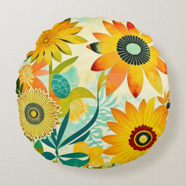 Pretty Folk Art Yellow Flowers   Round Cushion (Front)