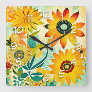 Pretty Folk Art Yellow Flowers Square Wall Clock