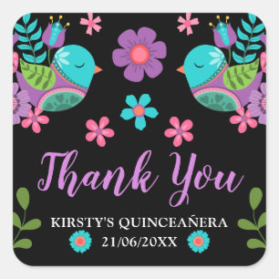 Pretty Folksy Flowers & Birds Quinceañera Square Sticker