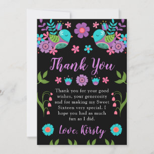 Pretty Folksy Flowers & Birds Sweet 16 Thank You Card