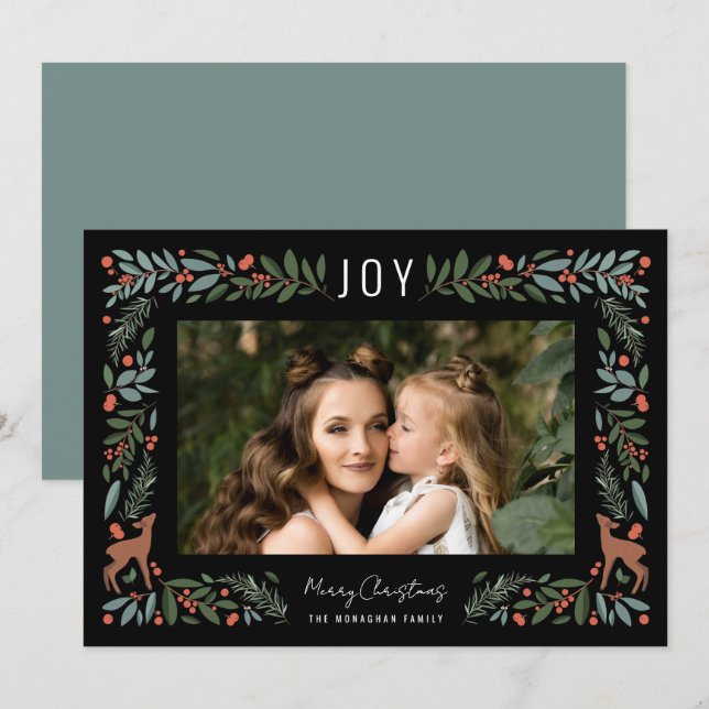 Pretty Frame Little Deer | Black Photo Christmas   Holiday Card (Front/Back)