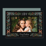 Pretty Frame Little Deer | Black Photo Christmas   Holiday Card<br><div class="desc">This gorgeous photo holiday card features a detailed foliage frame, which includes leaves, pine boughs, berries, and two cute little deer, along with simple typography at the top reading, "JOY." Both the photo template and card orientation are horizontal. Easy to personalise for stylish cards to send to family and friends!...</div>