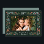 Pretty Frame Little Deer | Green Photo Christmas   Holiday Card<br><div class="desc">This gorgeous photo holiday card features a detailed foliage frame, which includes leaves, pine boughs, berries, and two cute little deer, along with simple typography at the top reading, "JOY." Both the photo template and card orientation are horizontal. Easy to personalise for stylish cards to send to family and friends!...</div>