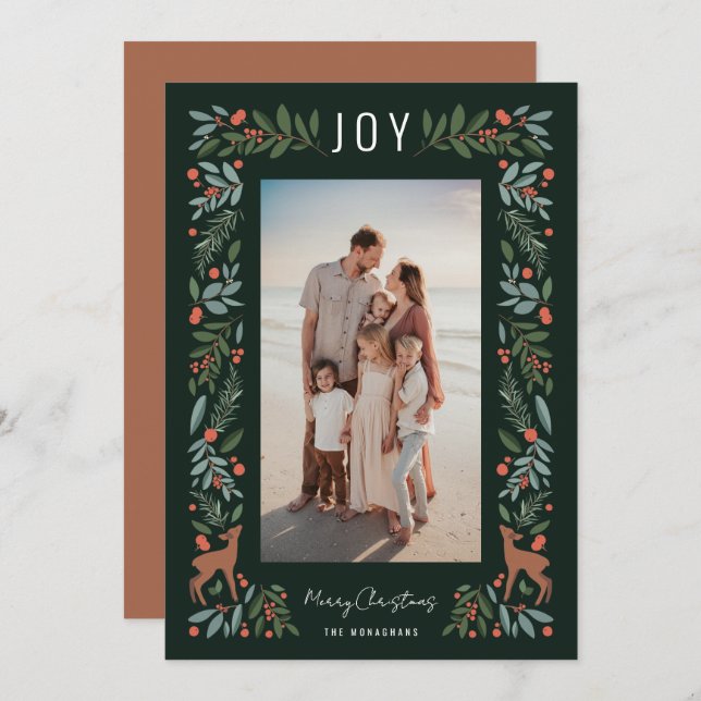 Pretty Frame Little Deer | Green | Vertical Photo  Holiday Card (Front/Back)