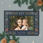Pretty Frame Little Deer | Navy Photo Christmas   Holiday Card<br><div class="desc">This gorgeous photo holiday card features a detailed foliage frame, which includes leaves, pine boughs, berries, and two cute little deer, along with simple typography at the top reading, "JOY." Both the photo template and card orientation are horizontal. Easy to personalize for stylish cards to send to family and friends!...</div>