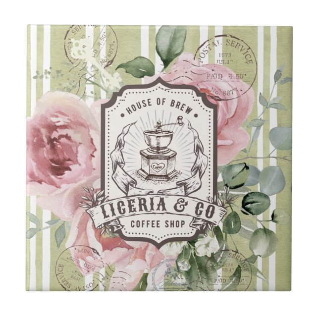 Pretty French Shabby Chic Retro Coffee shop logo Ceramic Tile (Front)