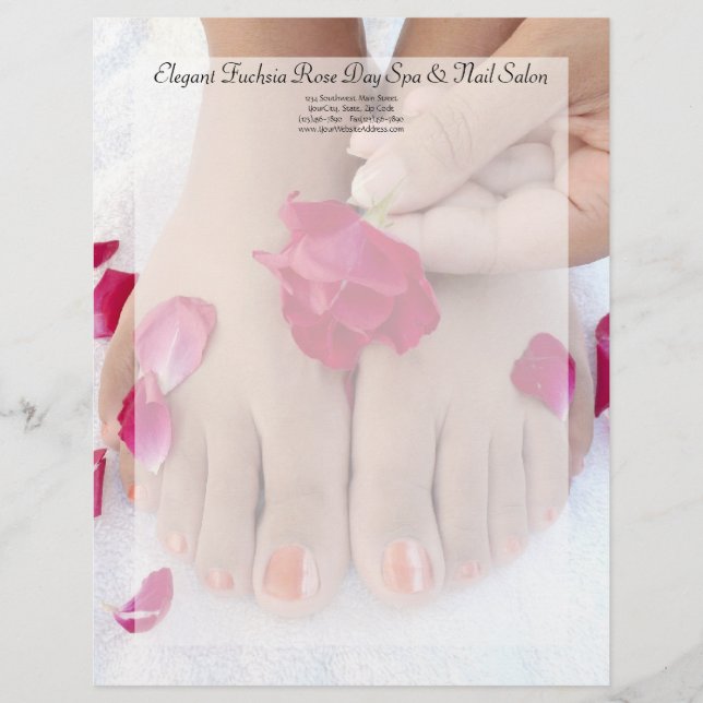 Pretty Fuchsia Pink Rose Pedicure Salon Personalized Letterhead (Front)
