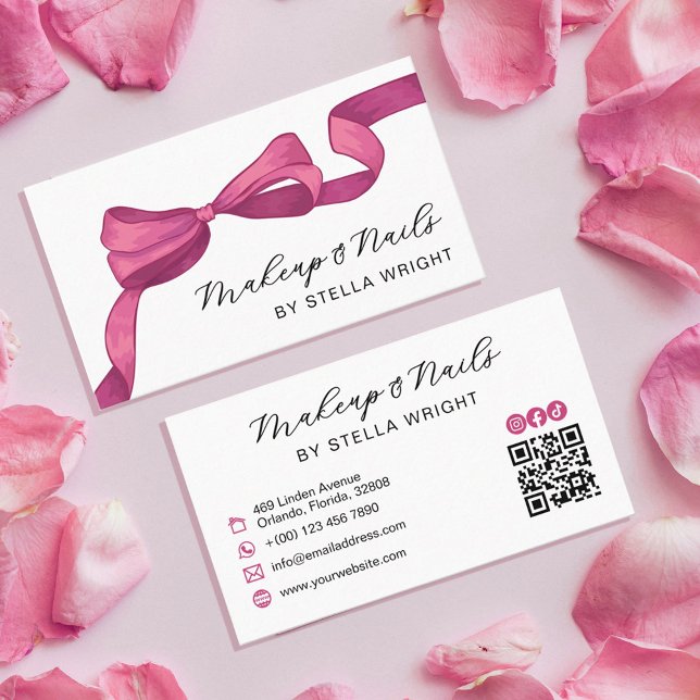 Pretty Fuchsia Rose Pink Bow Beauty QR Code Business Card (Creator Uploaded)