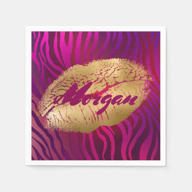 Pretty Fuchsia Tiger Stripes Gold Lipstick Print Napkin (Front)