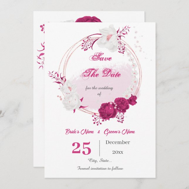 pretty fuchsia & white floral wreath  save the date (Front/Back)