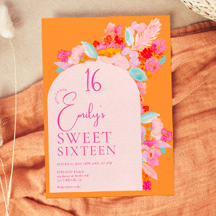 Pretty garden bold pink floral sweet 16 invitation