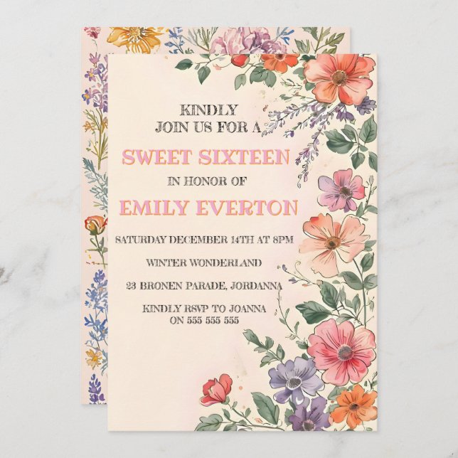 Pretty garden floral watercolor arch Sweet 16  Invitation (Front/Back)