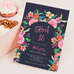 Pretty garden floral watercolor arch Sweet 16 Invitation<br><div class="desc">Announce your upcoming Sweet 16 birthday with our pretty botanical garden invitations on dark navy blue, featuring pretty and charming pink flowers, roses, blue, purple and yellow blooms with greenery. The modern brush script adds a touch of elegance to these unique invitations that are perfect for anyfloral garden themed celebration.,...</div>