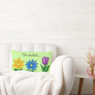 Pretty Garden Flowers Green Throw Pillow
