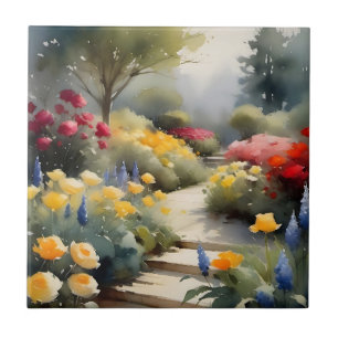 Pretty Garden with red yellow roses blue flowers Ceramic Tile