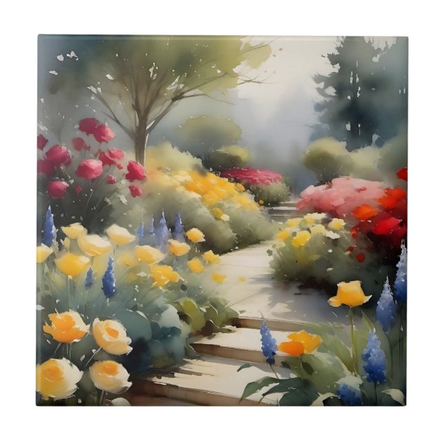 Pretty Garden with red yellow roses blue flowers Ceramic Tile (Front)