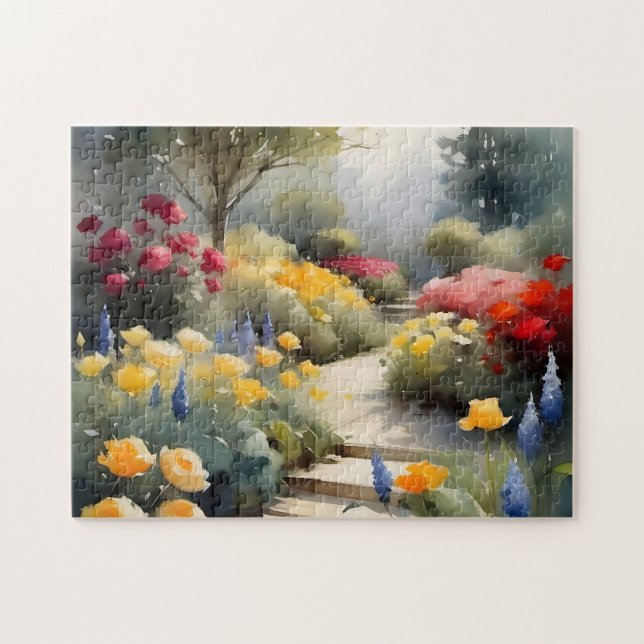 Pretty Garden with red yellow roses blue flowers Jigsaw Puzzle (Horizontal)