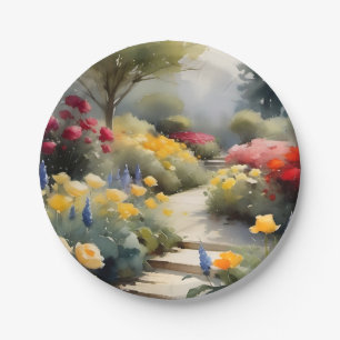 Pretty Garden with red yellow roses blue flowers Paper Plate
