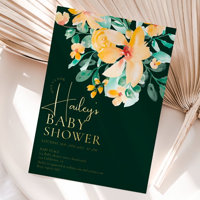 Pretty garden yellow green floral baby shower (Pretty garden real gold foil yellow green floral baby shower invitation on green)