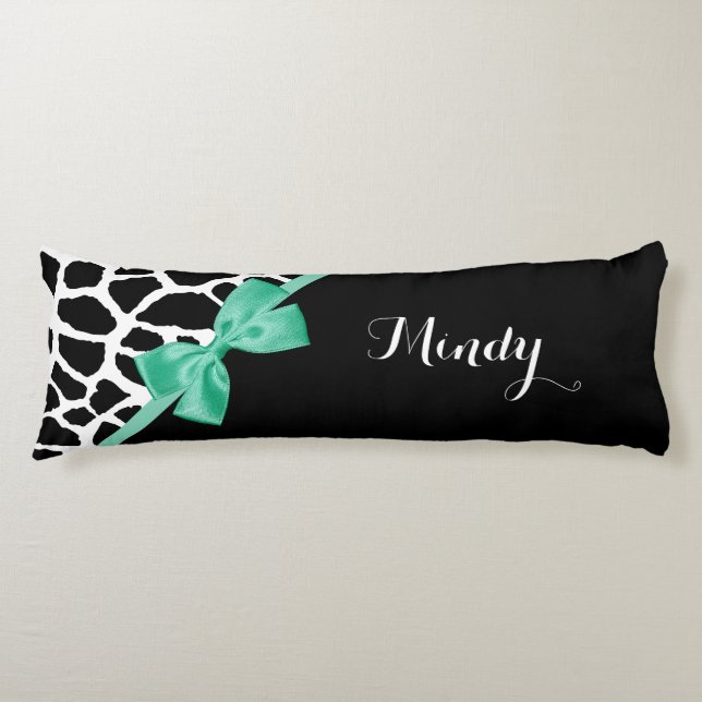 Pretty Giraffe Print Mint Green Bow With Name Body Cushion (Front)