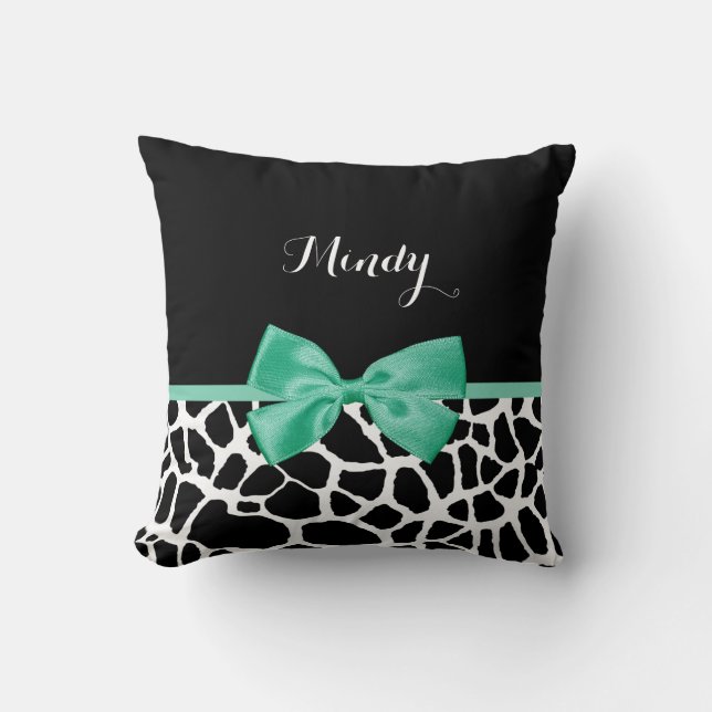 Pretty Giraffe Print Mint Green Bow With Name Cushion (Front)