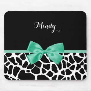 Pretty Giraffe Print Mint Green Bow With Name Mouse Pad