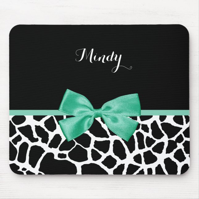 Pretty Giraffe Print Mint Green Bow With Name Mouse Pad (Front)