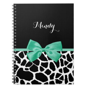 Pretty Giraffe Print Mint Green Bow With Name Notebook