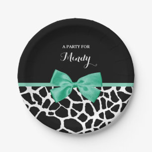 Pretty Giraffe Print Mint Green Bow With Name Paper Plate