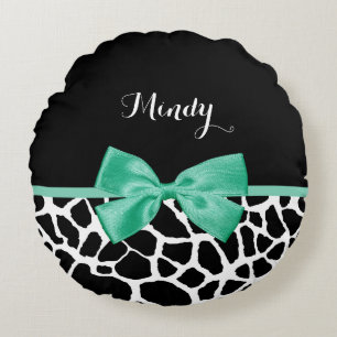 Pretty Giraffe Print Mint Green Bow With Name Round Cushion