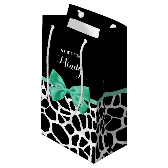 Pretty Giraffe Print Mint Green Bow With Name Small Gift Bag (Front Angled)