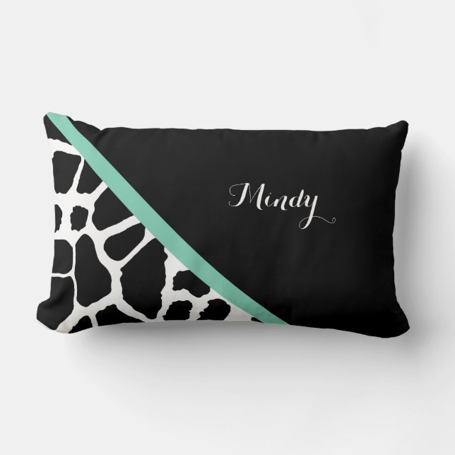 Pretty Giraffe Print Mint Green Stripe With Name Lumbar Cushion (Front)