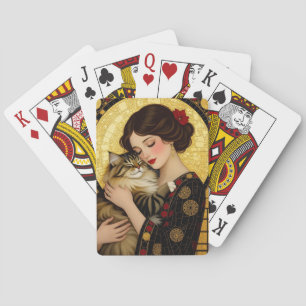 Pretty Girl and Cute Cat Art Nouveau Gustav Klimt Playing Cards