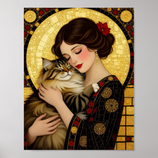 Pretty Girl and Cute Cat Art Nouveau Gustav Klimt Poster