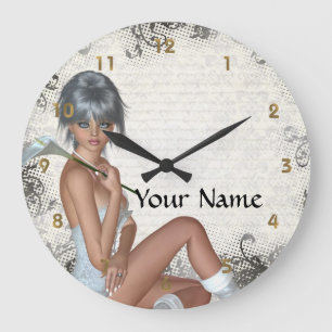 Pretty girl and silver damask large clock