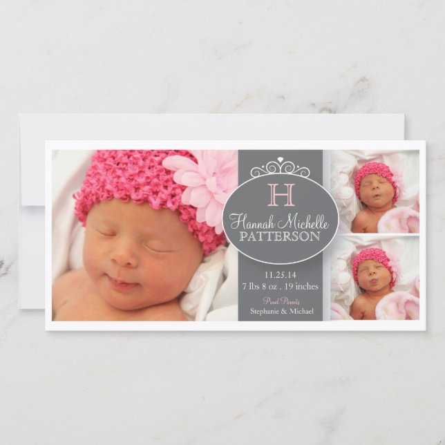 Pretty Girl Baby 3 Photo Monogram Announcement (Front)