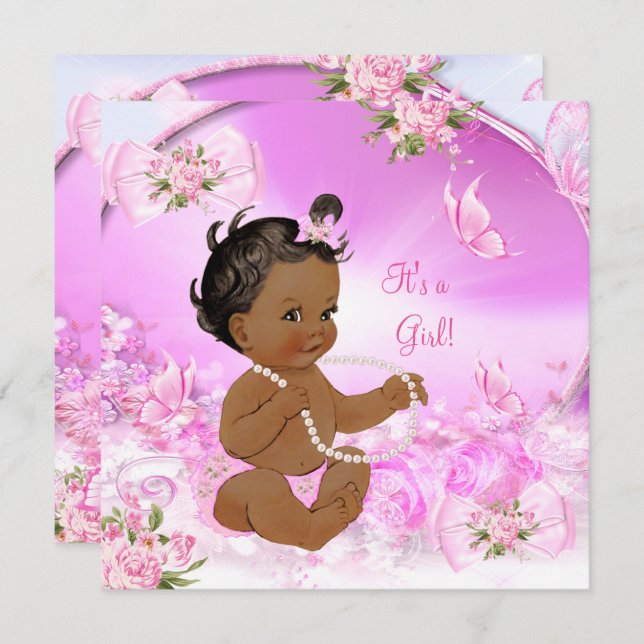 Pretty Girl Baby Shower Pink Butterfly Ethnic Invitation (Front/Back)