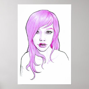 Pretty Girl Cartoon portrait Pink hair Cute face Poster