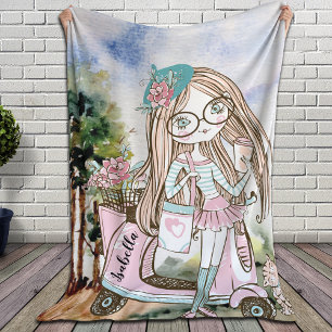 Pretty Girl Doodle Scooter Personalised Name Fleece Blanket