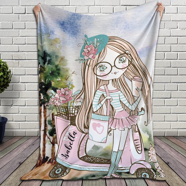 Pretty Girl Doodle Scooter Personalised Name Sherpa Blanket (Creator Uploaded)