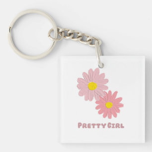 Pretty Girl Floral Keychain   Cute Daisy Key Ring 